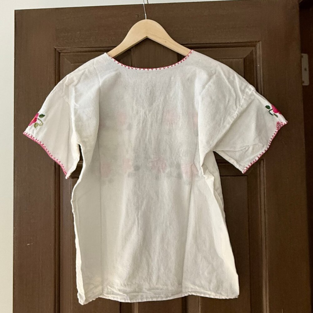 Hand Embroidered Mexican Short Sleeve White & Floral Blouse - Picture 3 of 5